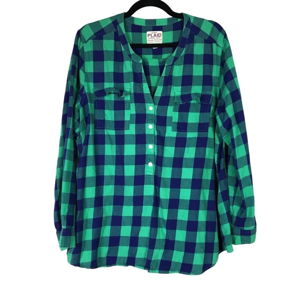 Old Navy Plaid Flannel Tunic Popover Shirt‎ Green Navy Buffalo Check XL
